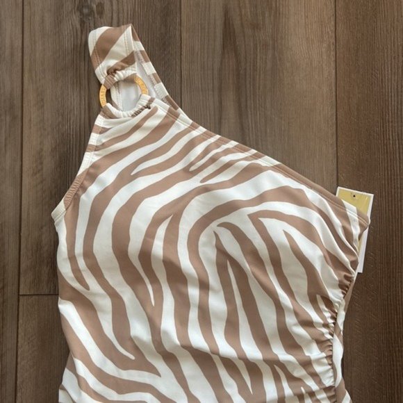 Michael Kors Brown Zebra Pint one Shoulder Ring Logo One piece Swimsuit Size 10 - Picture 5 of 10